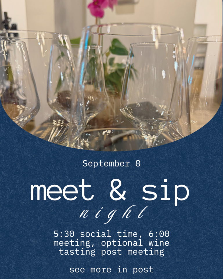 GBAC Meet and Sip Night flyer — September 8, social at 5:30, meeting at 6:00, optional wine tasting