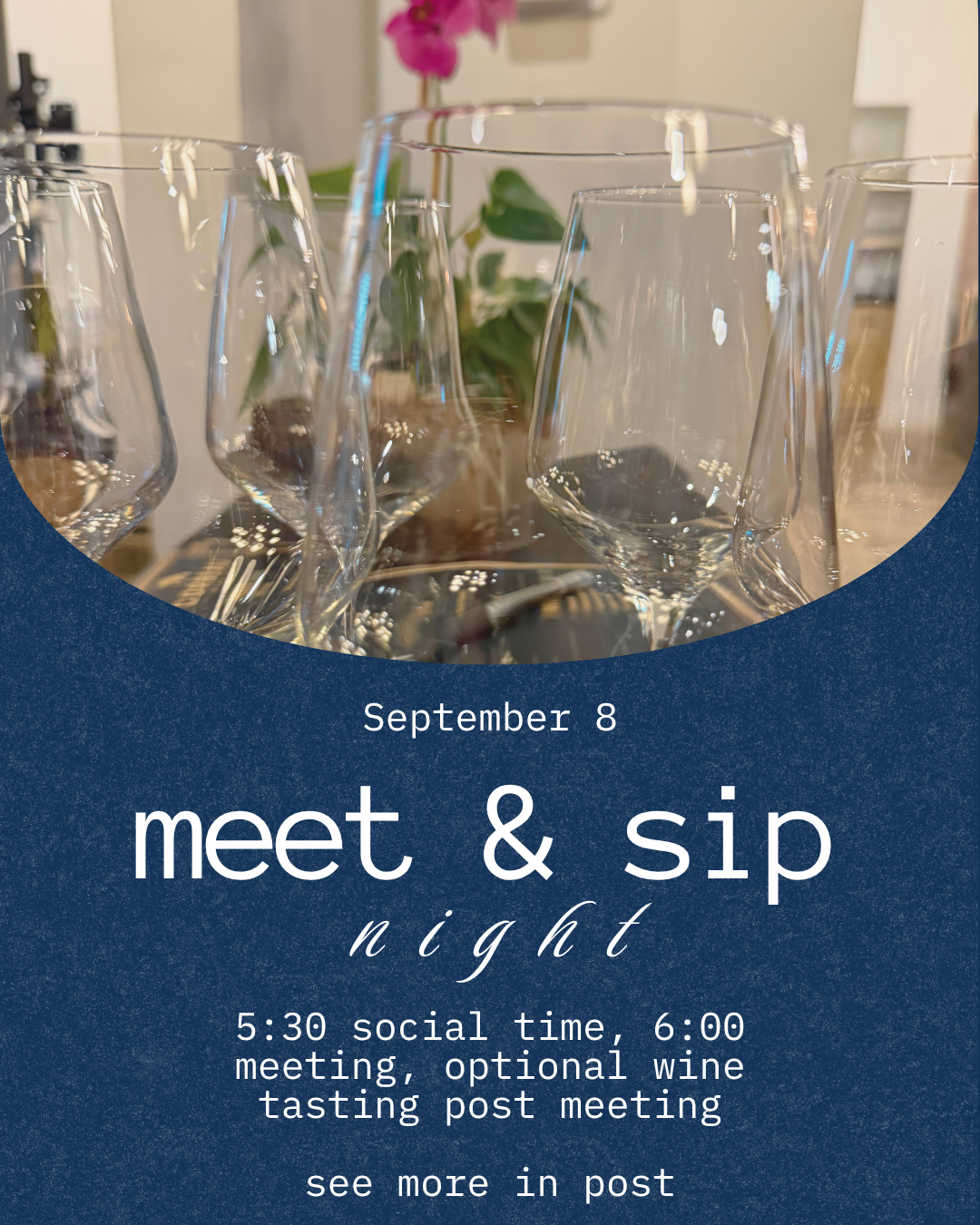 GBAC Meet and Sip Night flyer — September 8, social at 5:30, meeting at 6:00, optional wine tasting