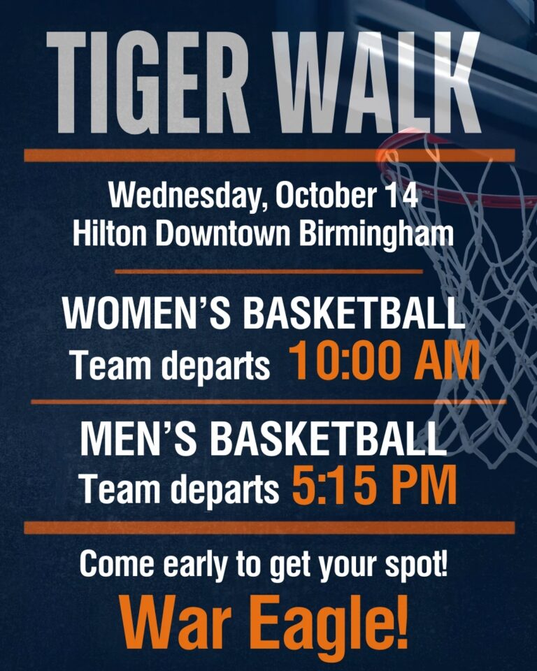 Auburn Basketball Tiger Walk, Wednesday October 14 at the Hilton Downtown Birmingham — women depart 10:00 AM, men depart 5:15 PM